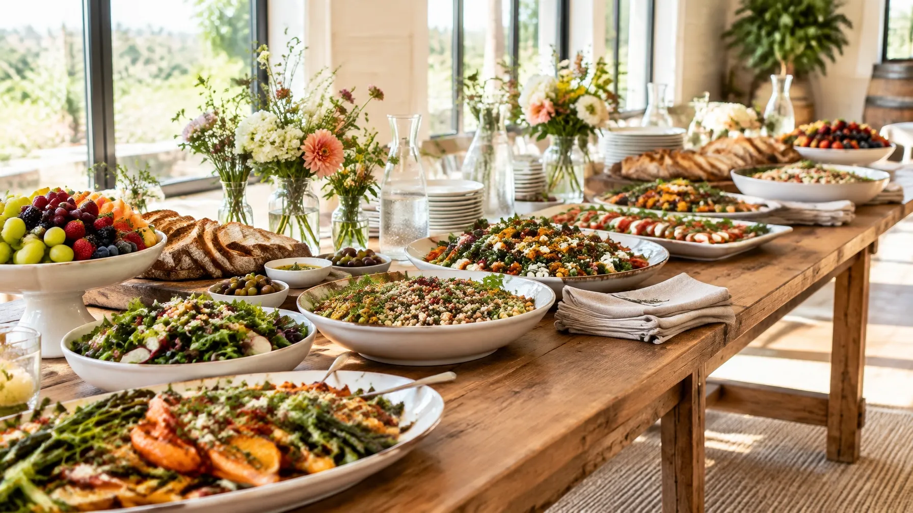 A catered lunch spread prepared for the day